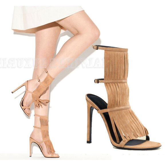 GUCCI SHOES BECKY BEIGE SUEDE FRINGED HIGH HEEL SANDAL sz 36.5 / 6.5 - Picture 1 of 9